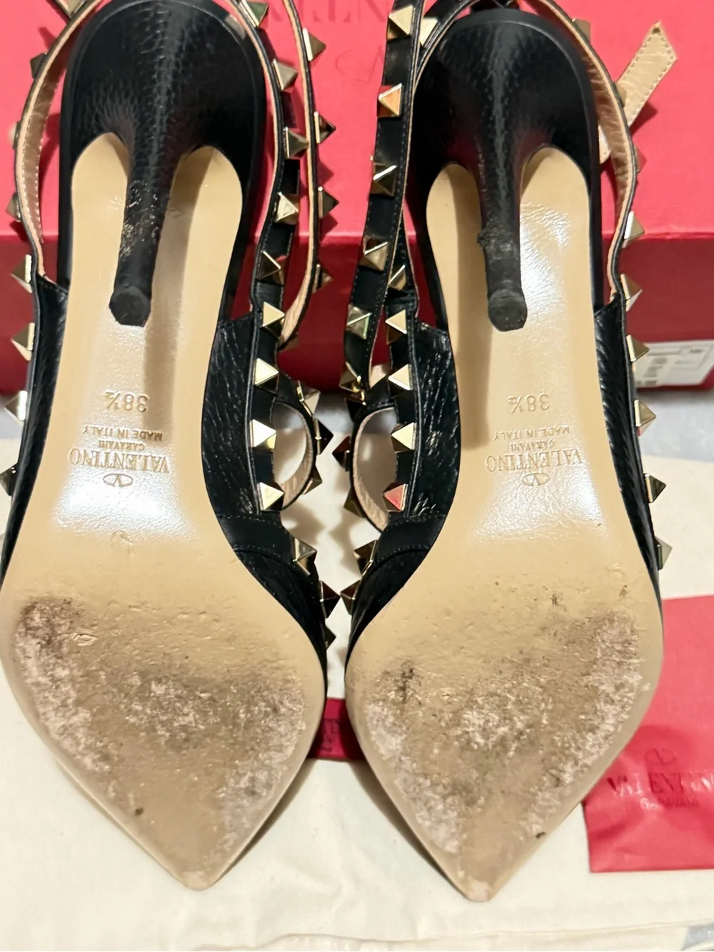 Valentino Black Leather Rockstud T-Strap Pointed Pumps
